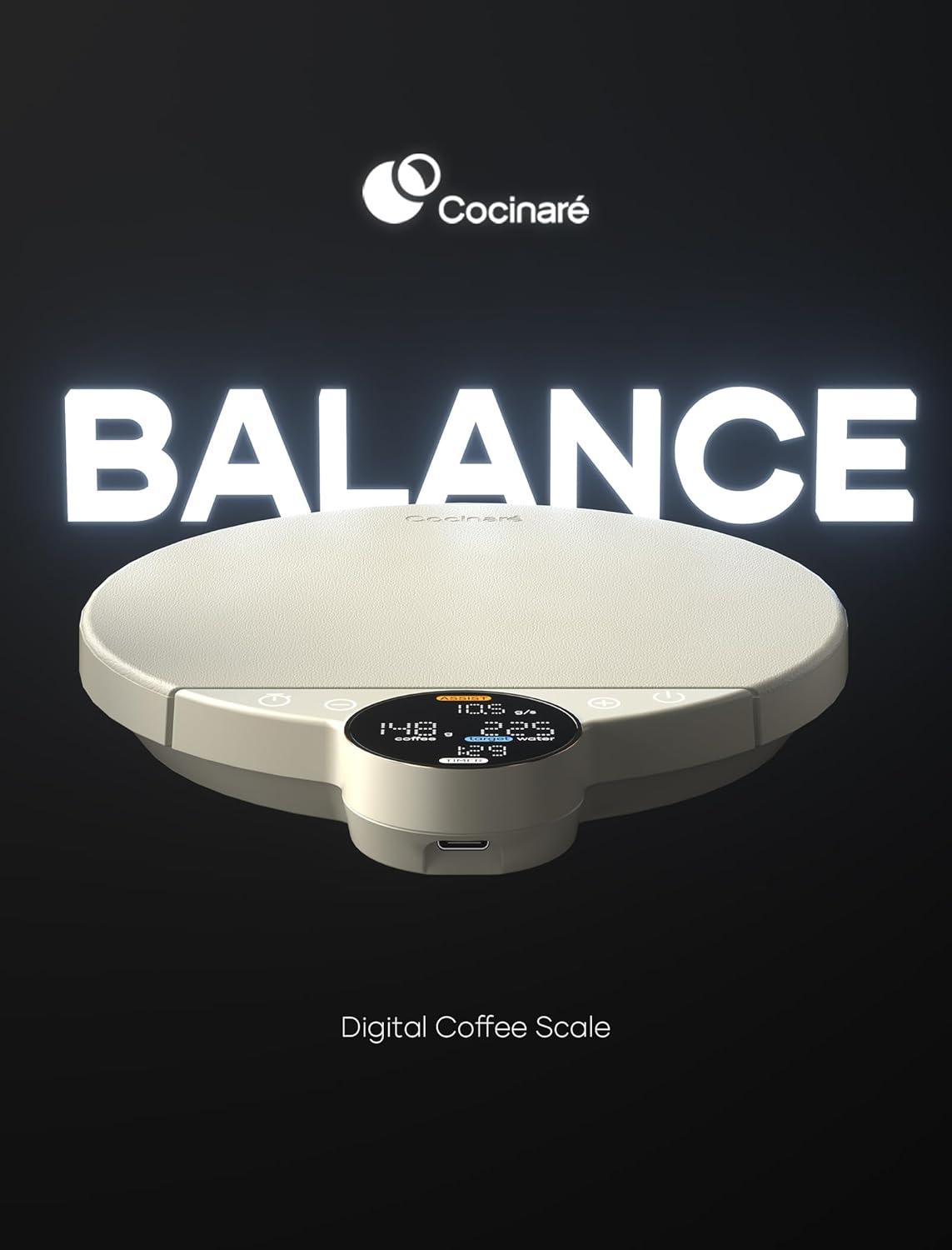 Cocinare Balance Digital Coffee Scale, Precision Control with Three Modes – Brewing Assist, Weighing, Competition, Digital Kitchen Scale for Coffee and Small Goods, Up to 3000g (Obsidian Black)(Vintage White)