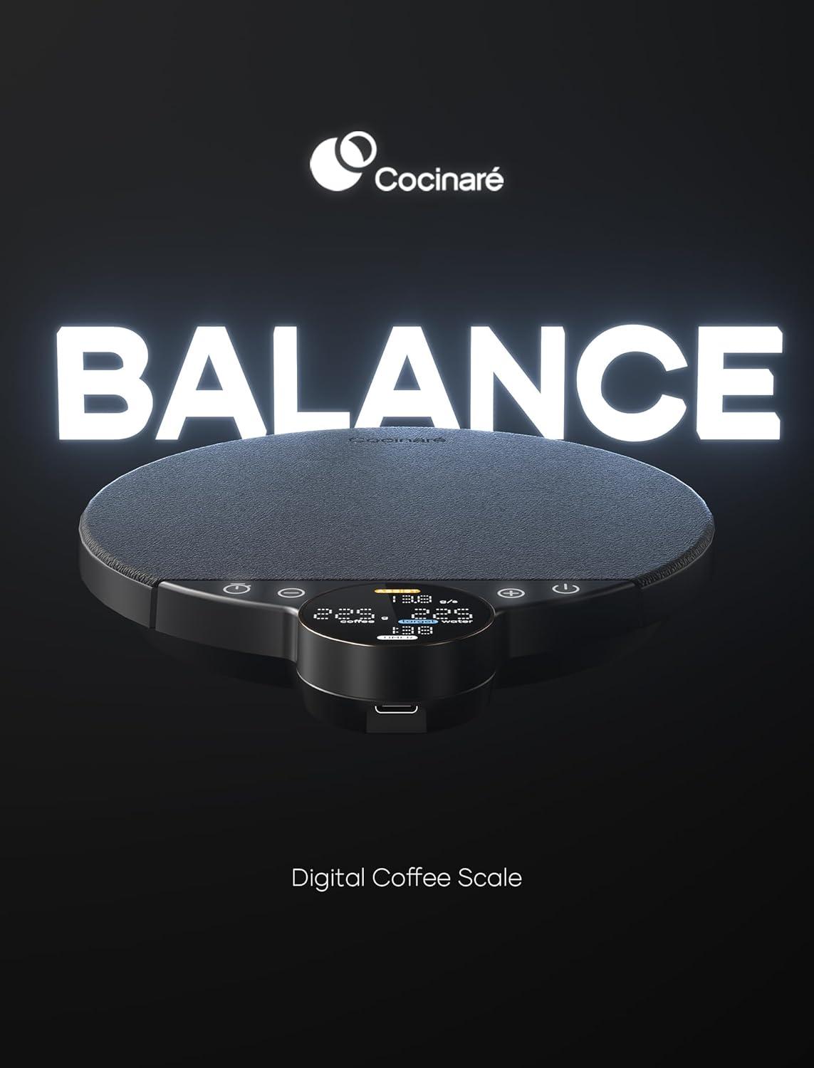 Cocinare Balance Digital Coffee Scale, Precision Control with Three Modes – Brewing Assist, Weighing, Competition, Digital Kitchen Scale for Coffee and Small Goods, Up to 3000g (Obsidian Black)(Obsidian Black)