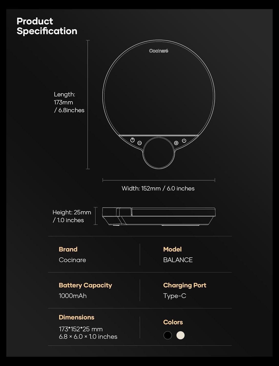 Cocinare Balance Digital Coffee Scale, Precision Control with Three Modes – Brewing Assist, Weighing, Competition, Digital Kitchen Scale for Coffee and Small Goods, Up to 3000g (Obsidian Black)(Obsidian Black)