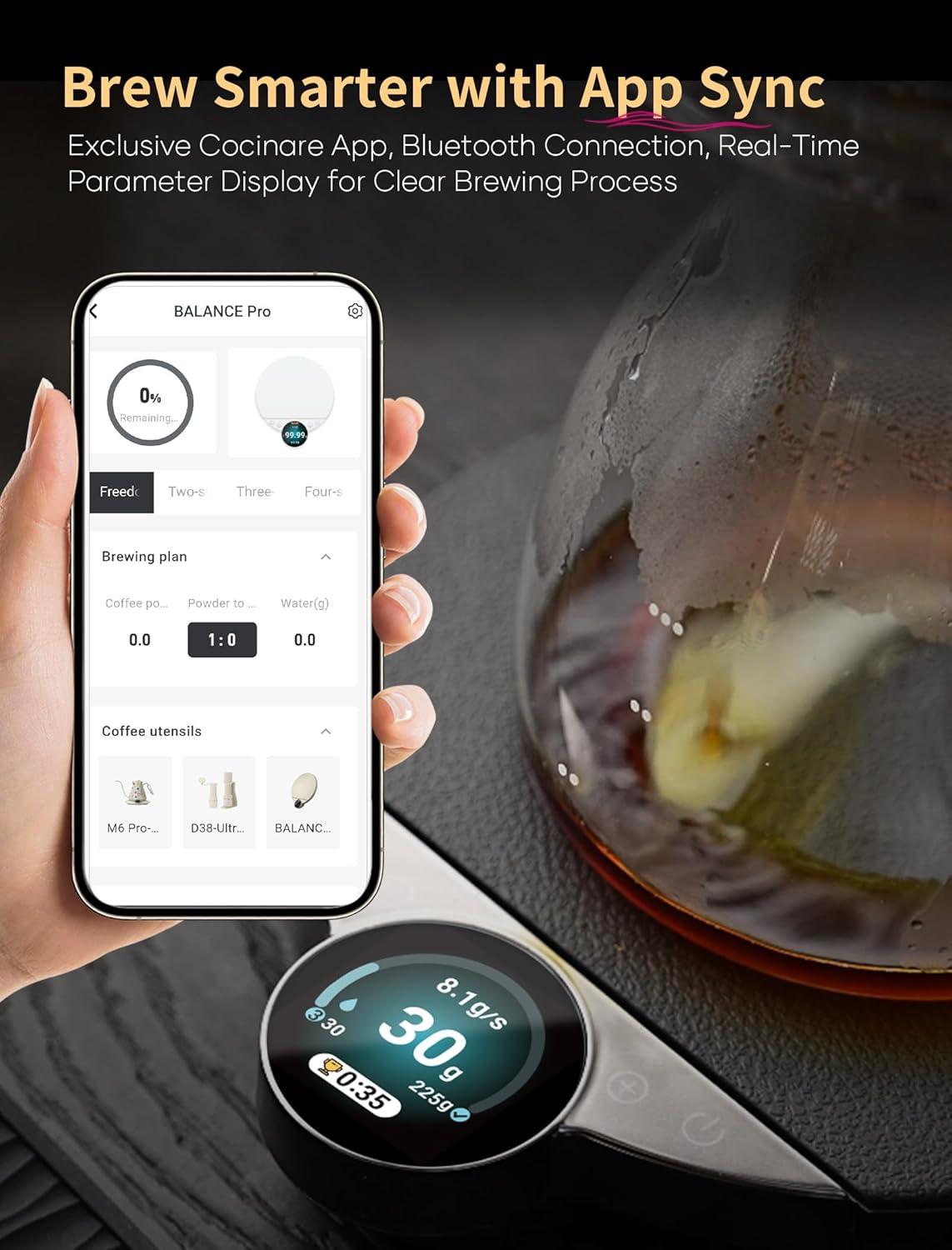 Cocinare Balance Pro Smart Coffee Scale with Timer and Water Flow Rate, Espresso Scale for Pour Over and Barista Brewing, Brew Assist Mode, 0.05g Precision, 3.5kg Digital Scale, App Control (Purple)(Black)