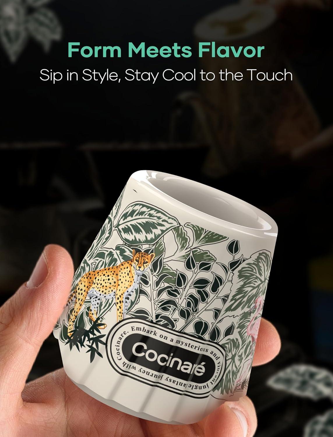 Cocinare x Chanoir KissCup Art Ceramic Espresso Cup – 2.2oz Demitasse Cup for Espresso, Pour-over coffee and Tea, Chanoir Black, Art de Paris Collaboration(Jungle)