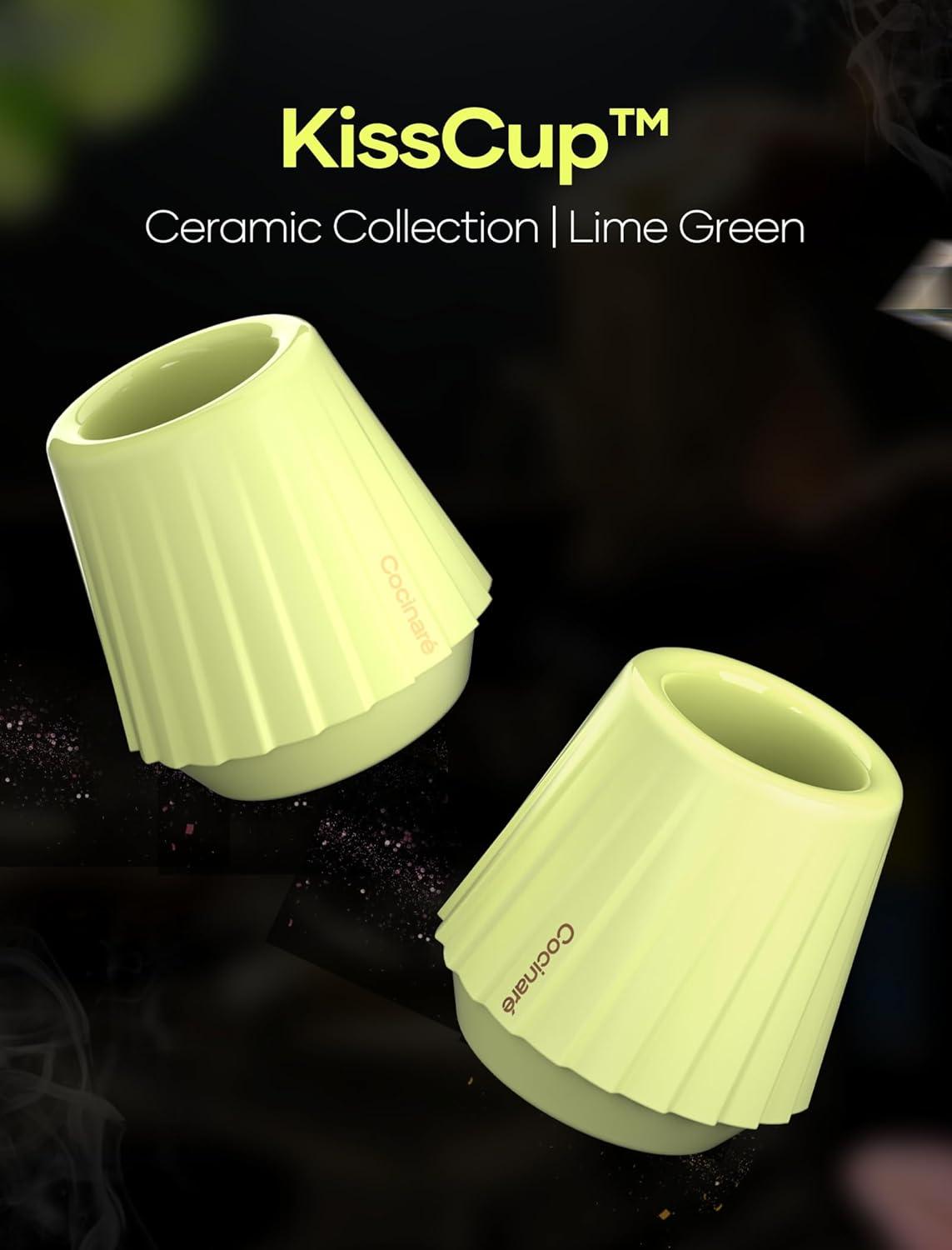 Cocinare KissCup Ceramic Espresso Cup – 2.2oz Demitasse Cup for Espresso, Pour-over coffee & Tea, Nebula Black, Ceramic Collection(Lime Green)