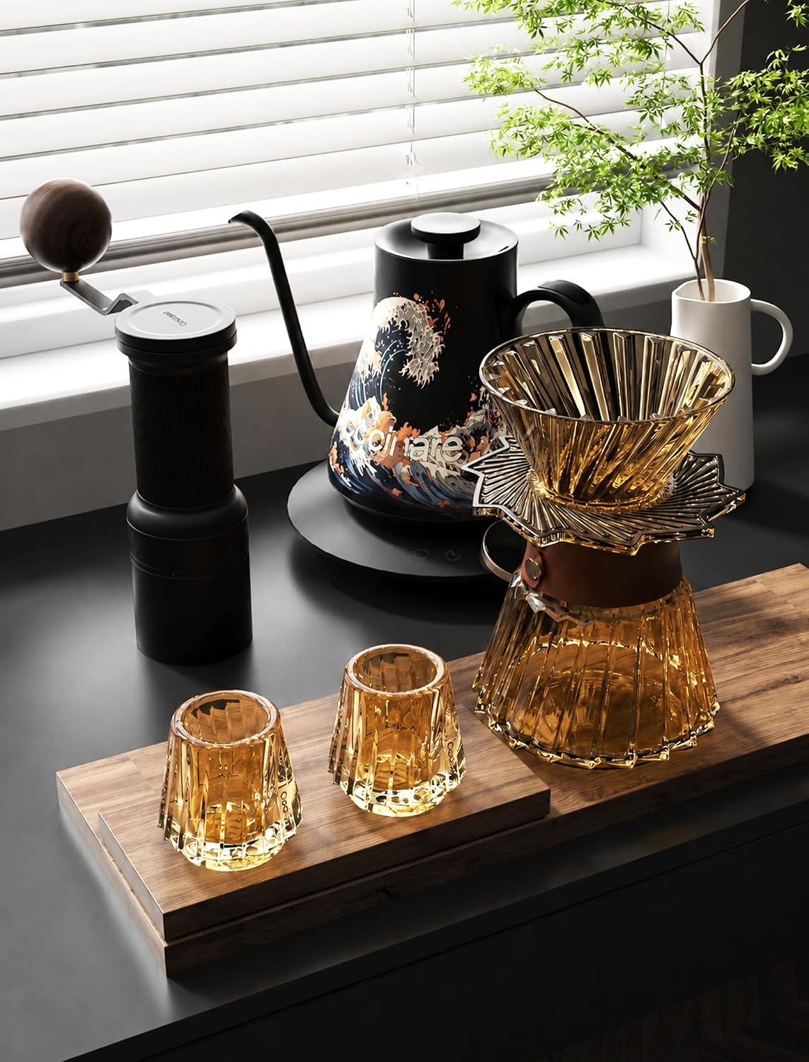 Cocinare Barista Collection Pour Over Coffee Maker Set, Coffee Dripper with Server and 2 Tasting Cups, Manual Coffee Brewer for Home Coffee Bar and Coffee Lovers Gift (Haze Gray)(Amber Glow)